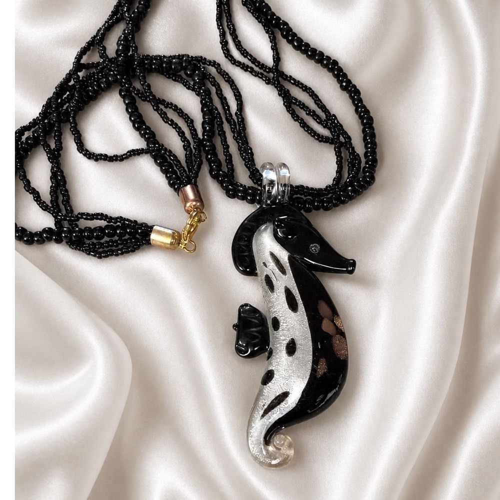Artisan Glass Seahorse Pendant Black Seed Bead Multi Strand Necklace Gold Clasp